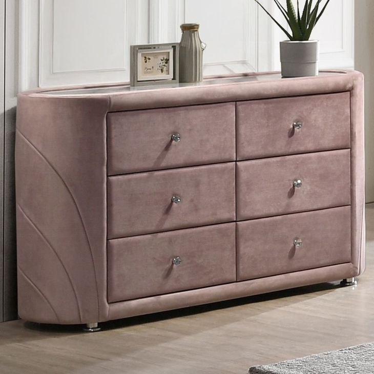 Salonia Pink Upholstered 6 Drawer Glass Top Dresser