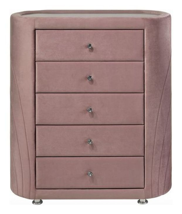 Salonia Pink Upholstered 5 Drawer Glass Top Chest