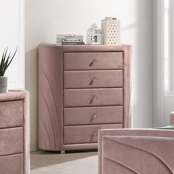 Salonia Pink Upholstered 5 Drawer Glass Top Chest