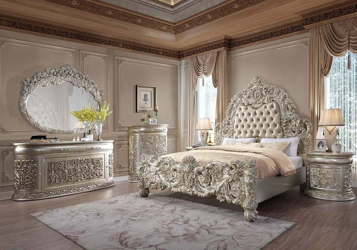 Sorina Beige and Antique Gold King Upholstered Panel Bed