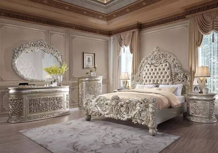 Sorina Beige and Antique Gold Upholstered Panel Bedroom Set