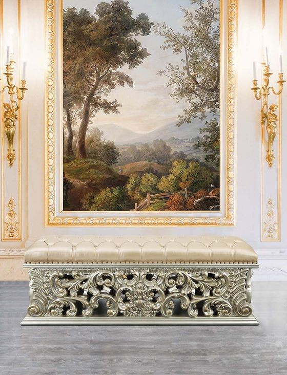 Sorina Antique Gold Upholstered 66" Accent Bench with Nailhead Trim