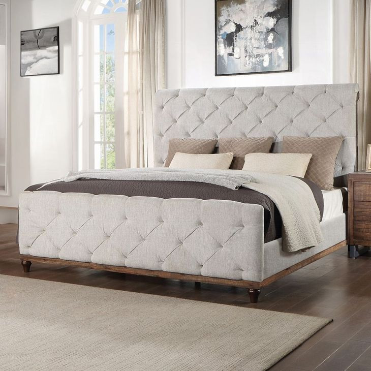 Andria Reclaimed Oak and Beige King Upholstered Panel Bed