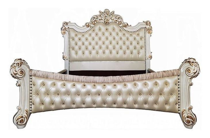 Vendome Beige and Antique Pearl King Upholstered Panel Bed with Nailhead Trim