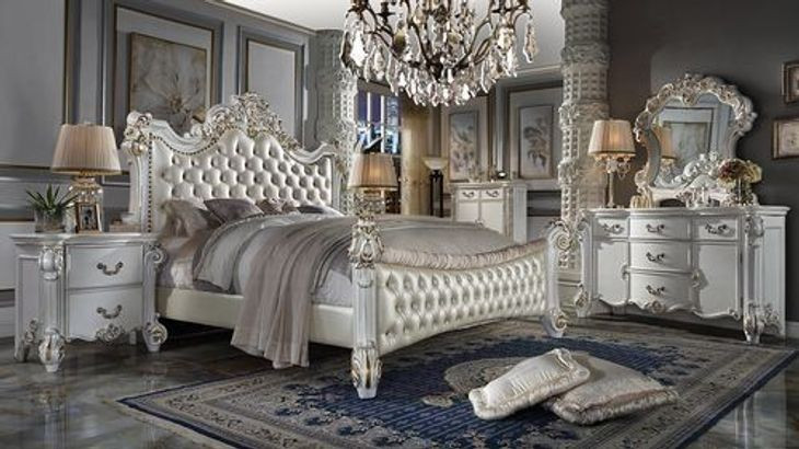 Vendome Beige and Antique Pearl King Upholstered Panel Bed with Nailhead Trim