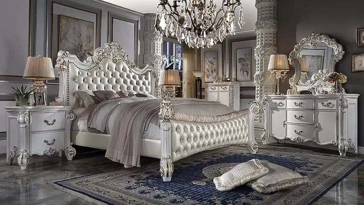 Vendome Beige and Antique Pearl Upholstered Bedroom Set with Nailhead Trim
