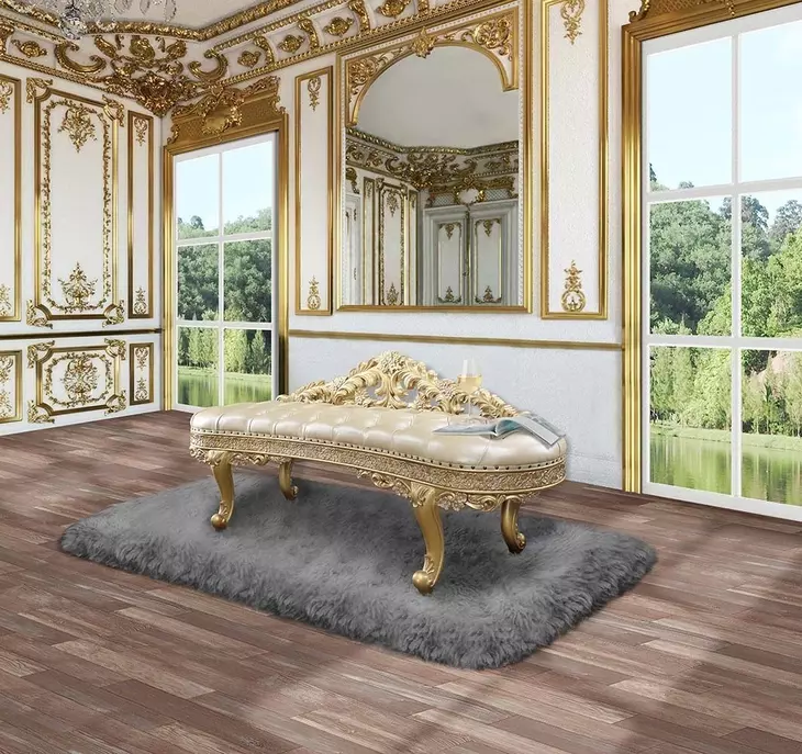 Cabriole Light Gold Upholstered Accent Bench with Tufted and Nailhead Trim