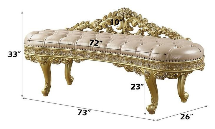 Cabriole Light Gold Upholstered Accent Bench with Tufted and Nailhead Trim