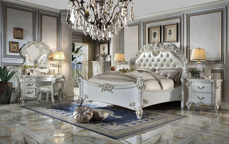 Vendome Beige and Antique Pearl California King Upholstered Panel Bed with Nailhead Trim