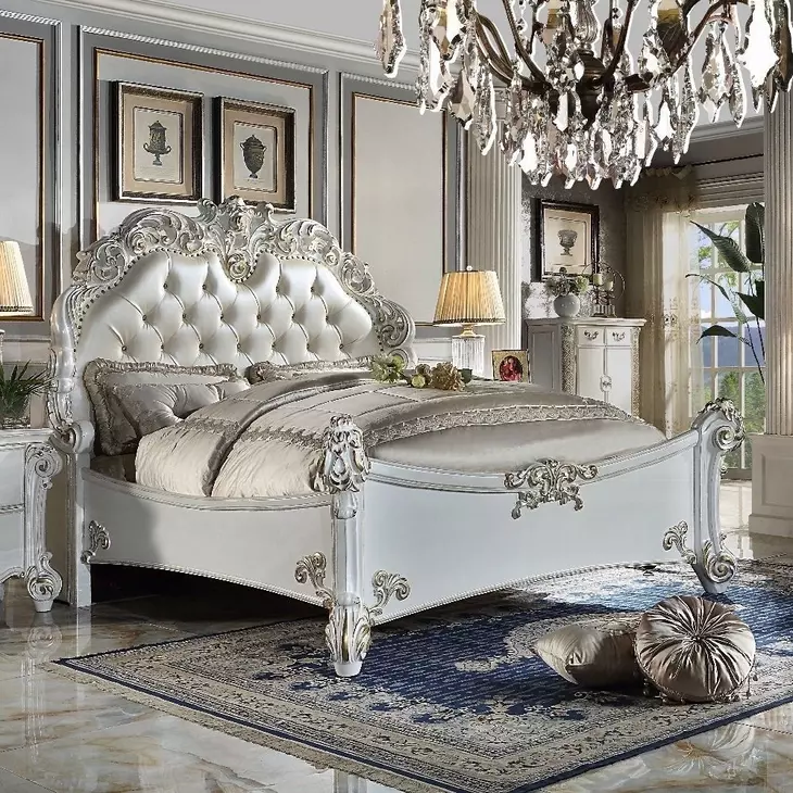 Vendome Antique Pearl Upholstered Panel Bedroom Set with Nailhead Trim