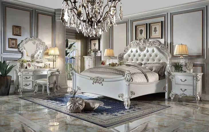Vendome Antique Pearl Upholstered Panel Bedroom Set with Nailhead Trim
