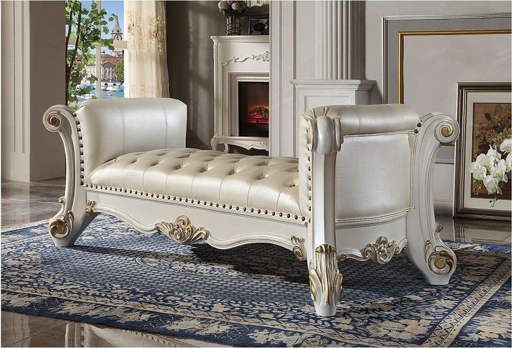 Vendome Antique Pearl Upholstered 74" Accent Bench with Nailhead Trim