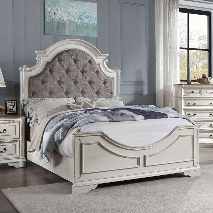 Florian Gray and Antique White King Upholstered Panel Bed