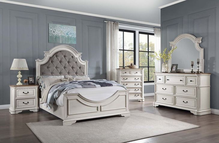 Florian Gray and Antique White Queen Upholstered Panel Bed