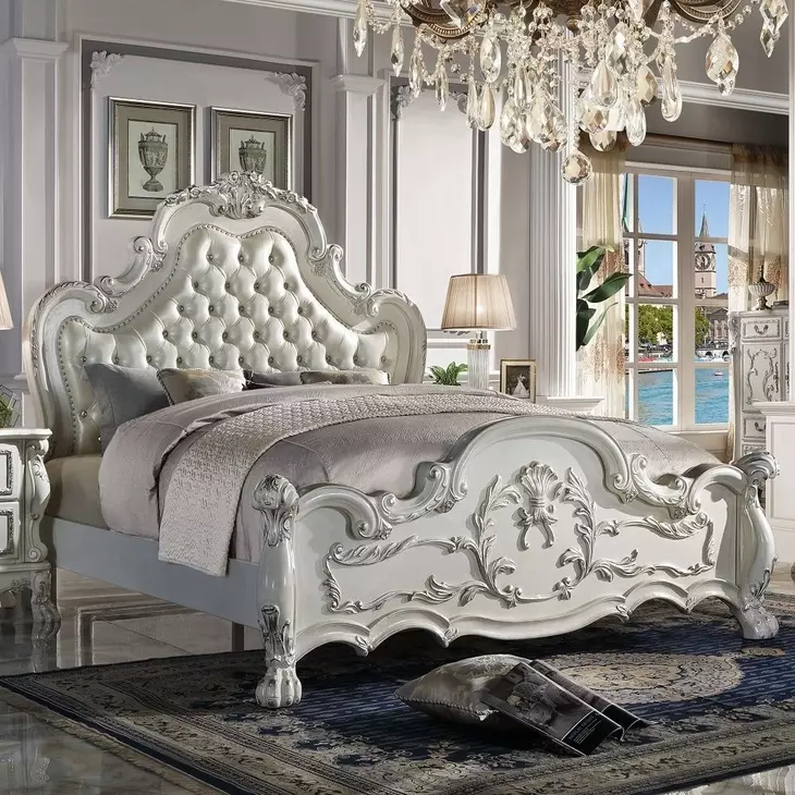 Dresden Bone White Queen Upholstered Panel Bed with Nailhead Trim