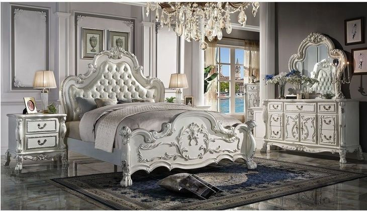 Dresden Bone White Queen Upholstered Panel Bed with Nailhead Trim