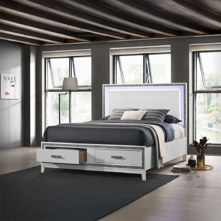 Haiden White King Storage Panel Bed with LED