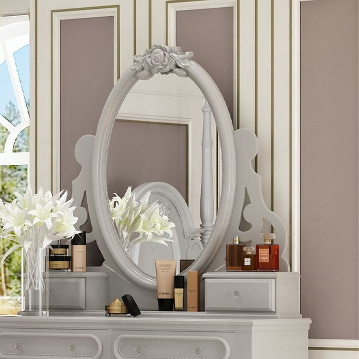 Flora Gray Oval Dresser Mirror with Jewelry Storage