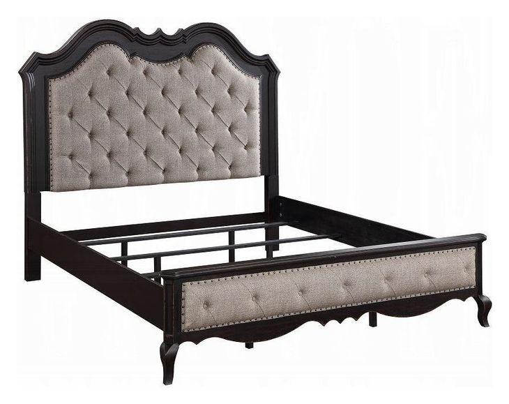 Chelmsford Beige and Antique Black California King Upholstered Panel Bed with Nailhead Trim