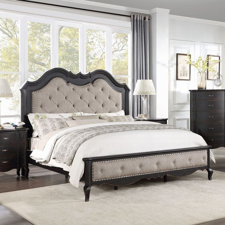 Chelmsford Beige and Antique Black California King Upholstered Panel Bed with Nailhead Trim