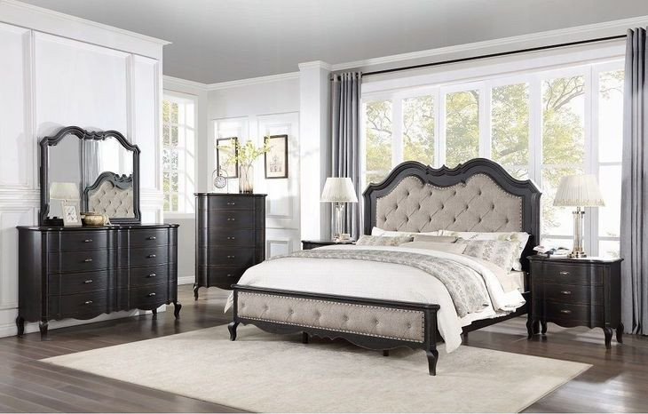 Chelmsford Beige and Antique Black California King Upholstered Panel Bed with Nailhead Trim