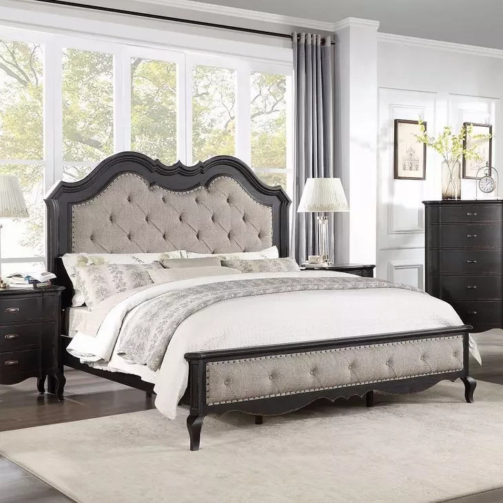 Chelmsford Beige and Antique Black King Upholstered Panel Bed with Nailhead Trim