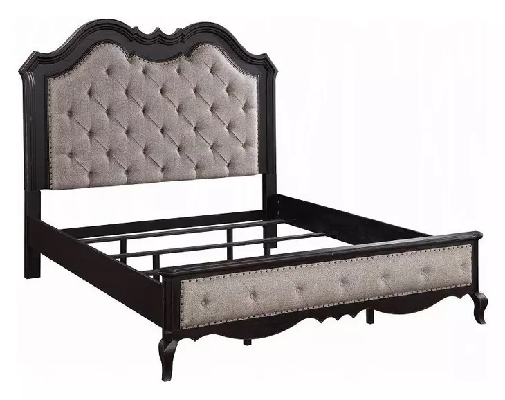 Chelmsford Beige and Antique Black Queen Upholstered Panel Bed with Nailhead Trim