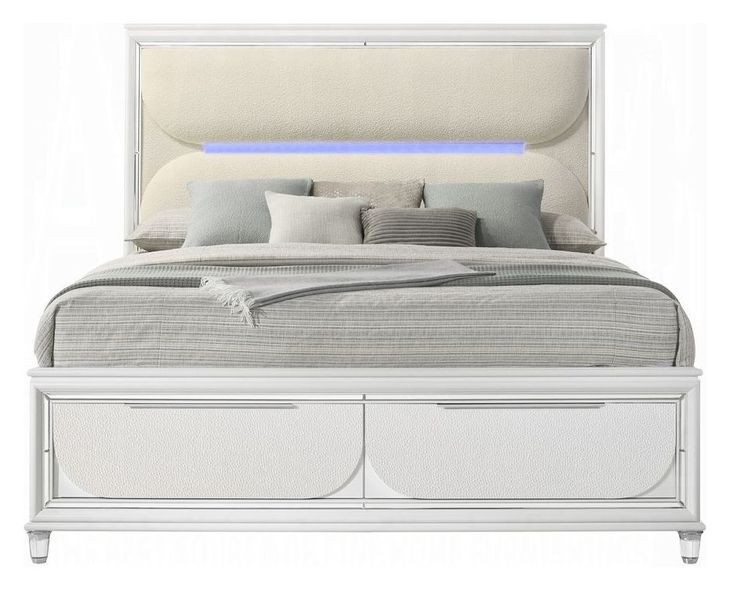 Tarian Cream and Pearl White King Upholstered Storage Panel Bed with LED