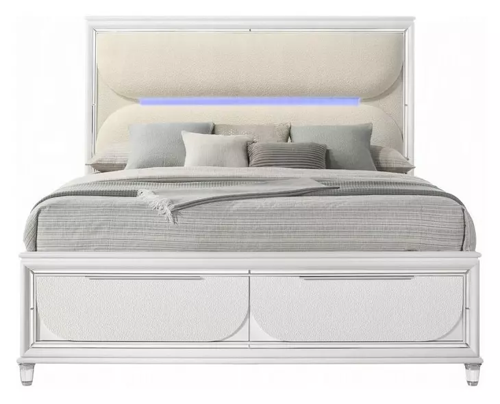 Tarian Cream and Pearl White Queen Upholstered Storage Panel Bed with LED