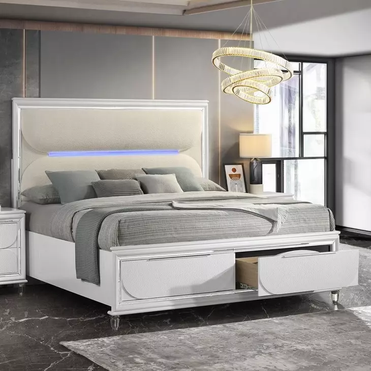 Tarian Cream and Pearl White Queen Upholstered Storage Panel Bed with LED