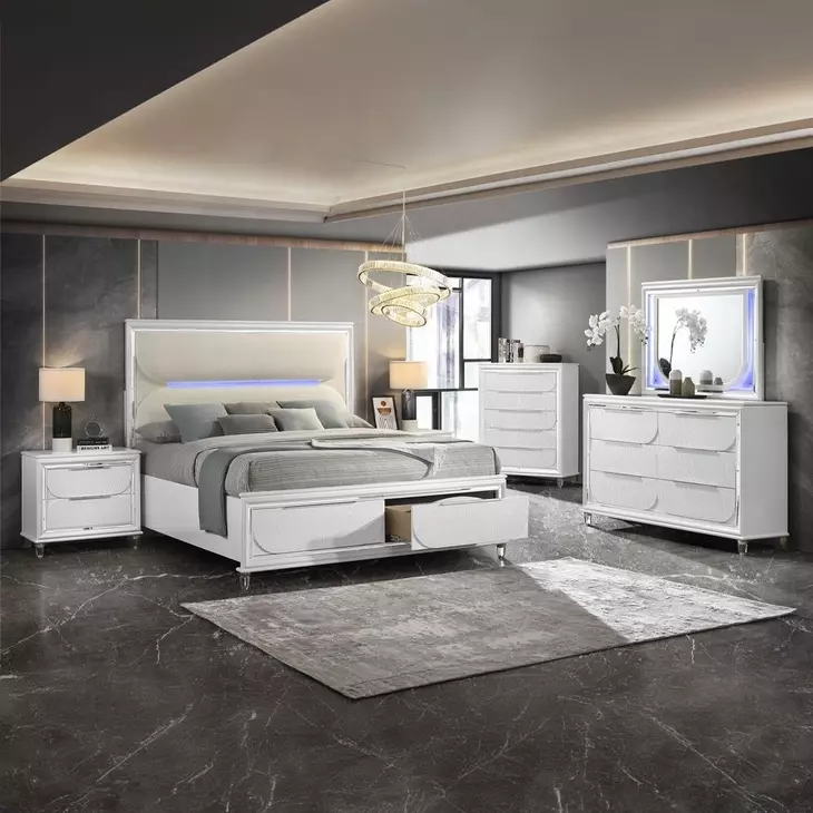 Tarian Cream and Pearl White Queen Upholstered Storage Panel Bed with LED