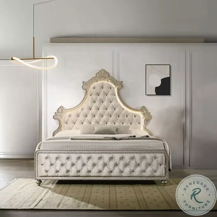 Lucienne Beige Velvet Eastern King Upholstered Bed with LED Lighting