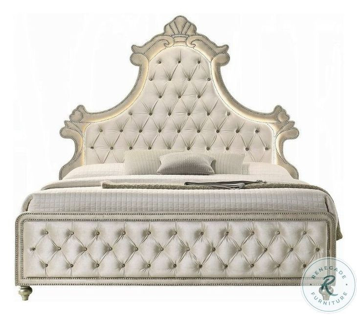 Lucienne Beige Velvet Queen Upholstered Bed with LED Lighting