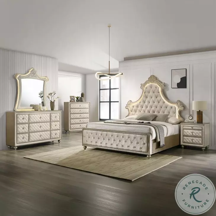 Lucienne Beige Velvet Queen Upholstered Bed with LED Lighting