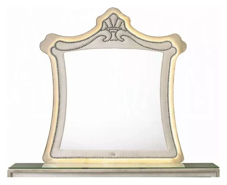 Lucienne Beige Upholstered Free Form Dresser Mirror with LED and Nailhead Trim