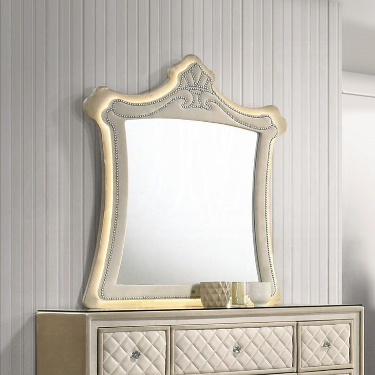 Lucienne Beige Upholstered Free Form Dresser Mirror with LED and Nailhead Trim