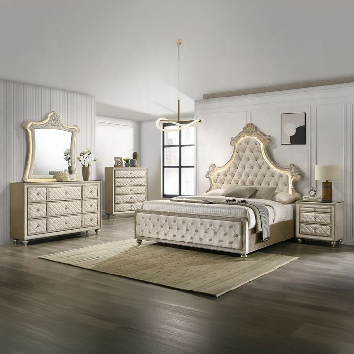 Lucienne Beige Upholstered Free Form Dresser Mirror with LED and Nailhead Trim