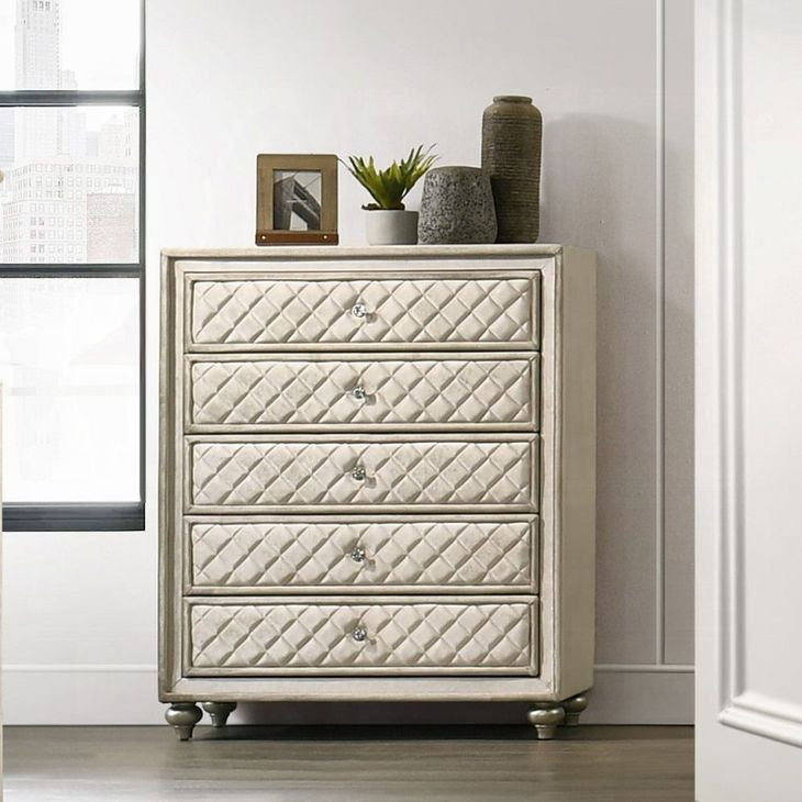 Lucienne Beige Upholstered 5 Drawer Chest