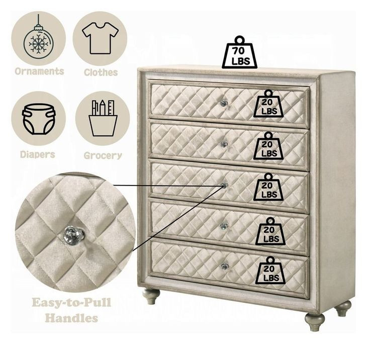 Lucienne Beige Upholstered 5 Drawer Chest