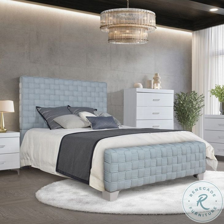 Saree Light Teal Chenille and Gray Eastern King Upholstered Bed