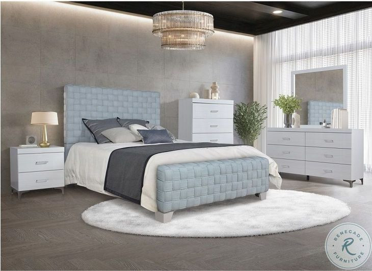 Saree Light Teal Chenille and Gray Eastern King Upholstered Bed