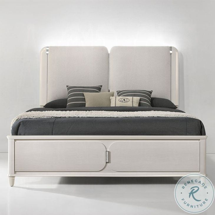 Laveda Light Gray Boucle and Pearl White Queen Upholstered Bed with LED Lighting
