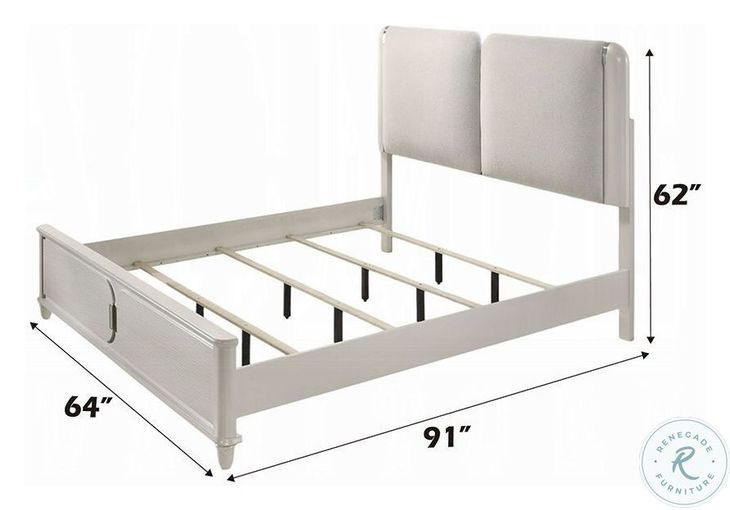 Laveda Light Gray Boucle and Pearl White Queen Upholstered Bed with LED Lighting