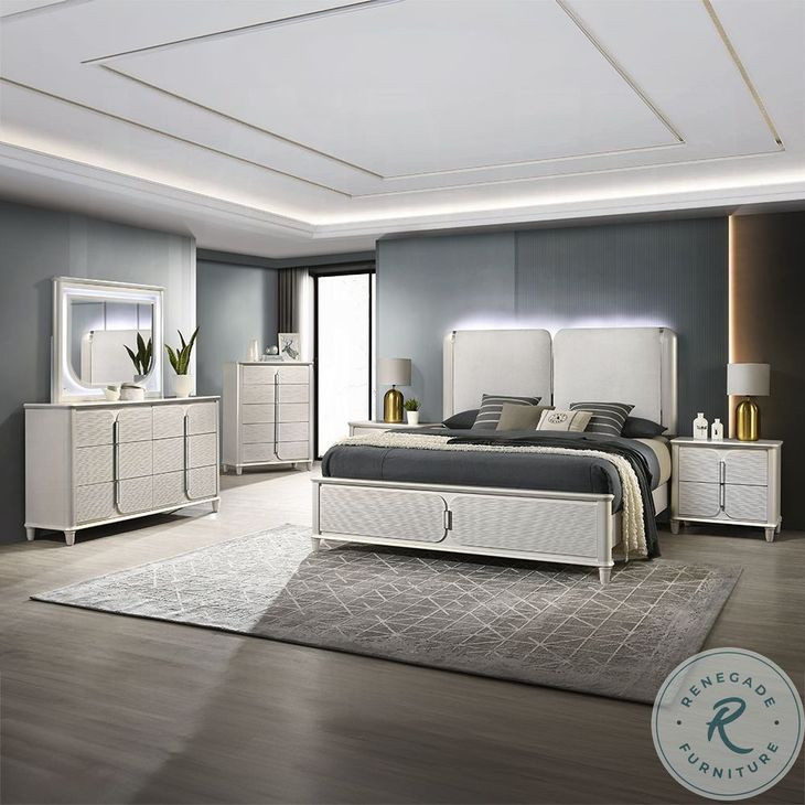 Laveda Light Gray Boucle and Pearl White Upholstered Bedroom Set