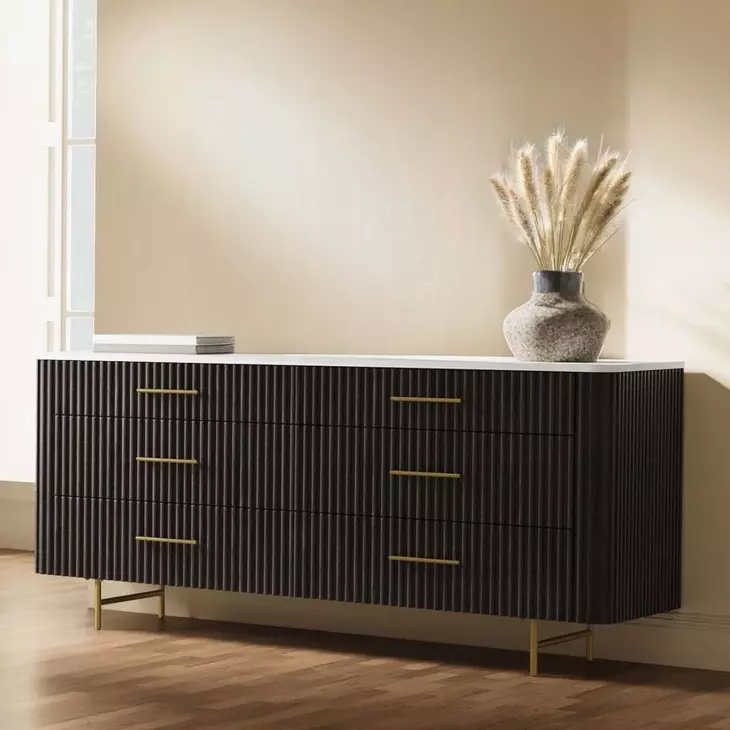 Clayten White and Espresso 6 Drawer Dresser with Marble Top
