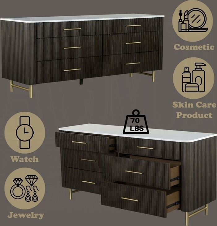 Clayten White and Espresso 6 Drawer Dresser with Marble Top