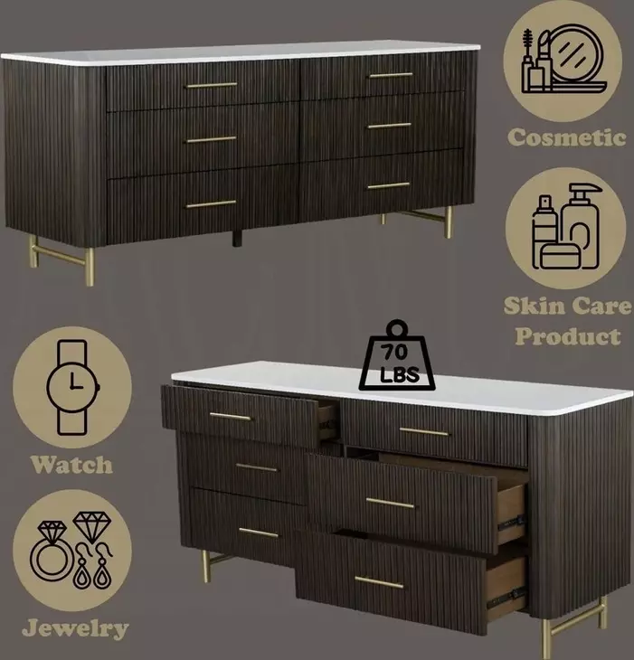 Clayten White and Espresso 6 Drawer Dresser with Marble Top