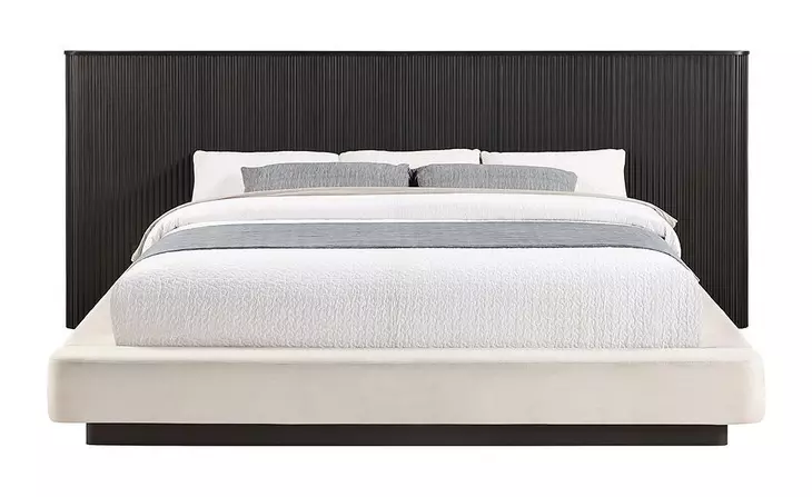 Clayten Beige and Espresso King Upholstered Panel Bed