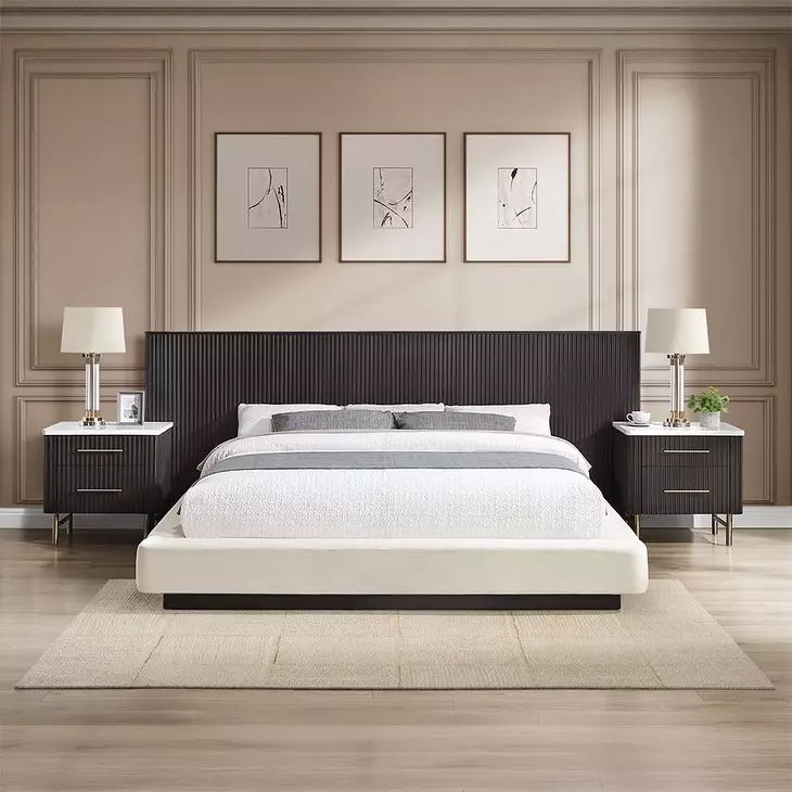 Clayten Beige and Espresso King Upholstered Panel Bed