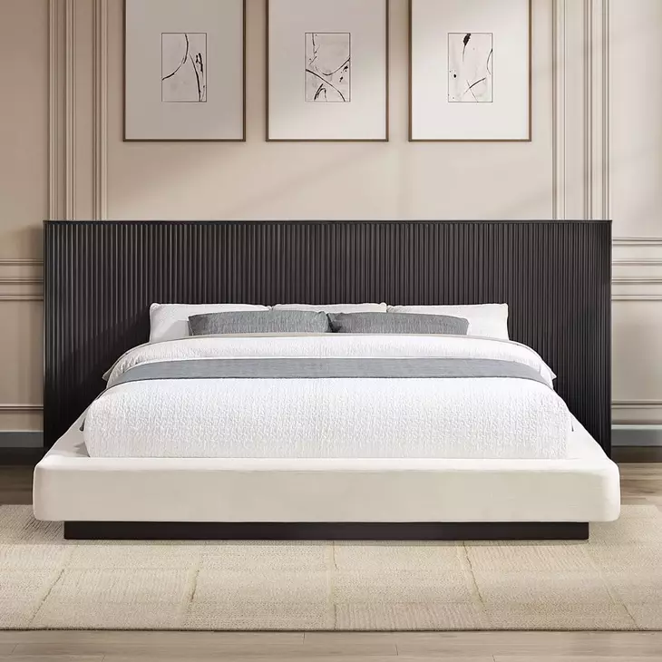 Clayten Beige and Espresso King Upholstered Panel Bed